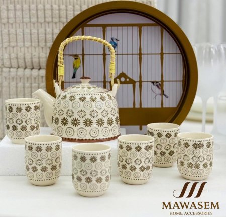 طقم ابريق شاي مع كاسات زيتي